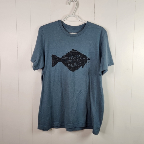 Westcoastees Just Fishing For the Halibut Blue Short Sleeve Graphic Tee Novelty - Picture 1 of 6